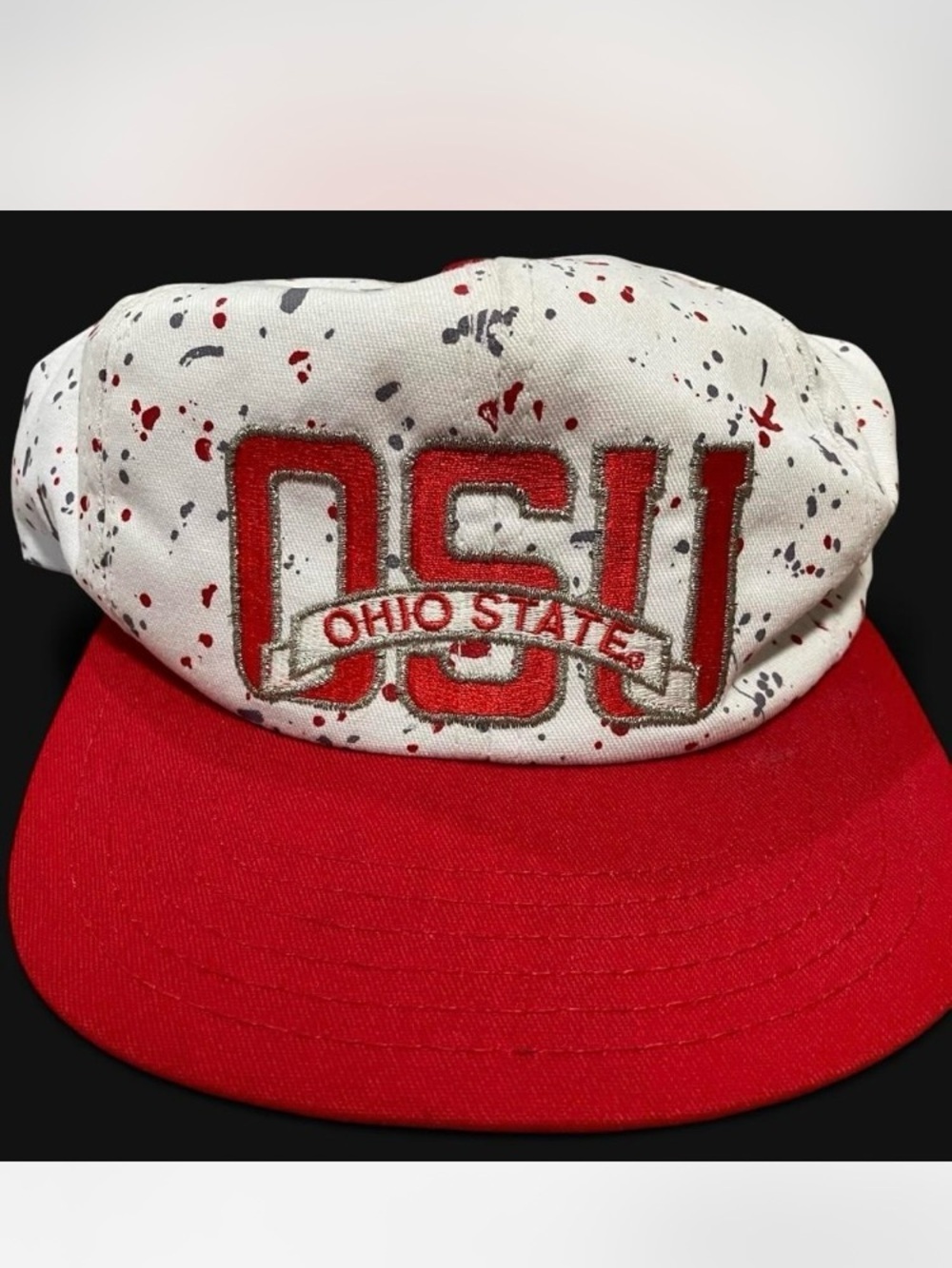 Ohio State Scarlet and Grey Splatter Snapback Hat Made in USA 90s Vintage